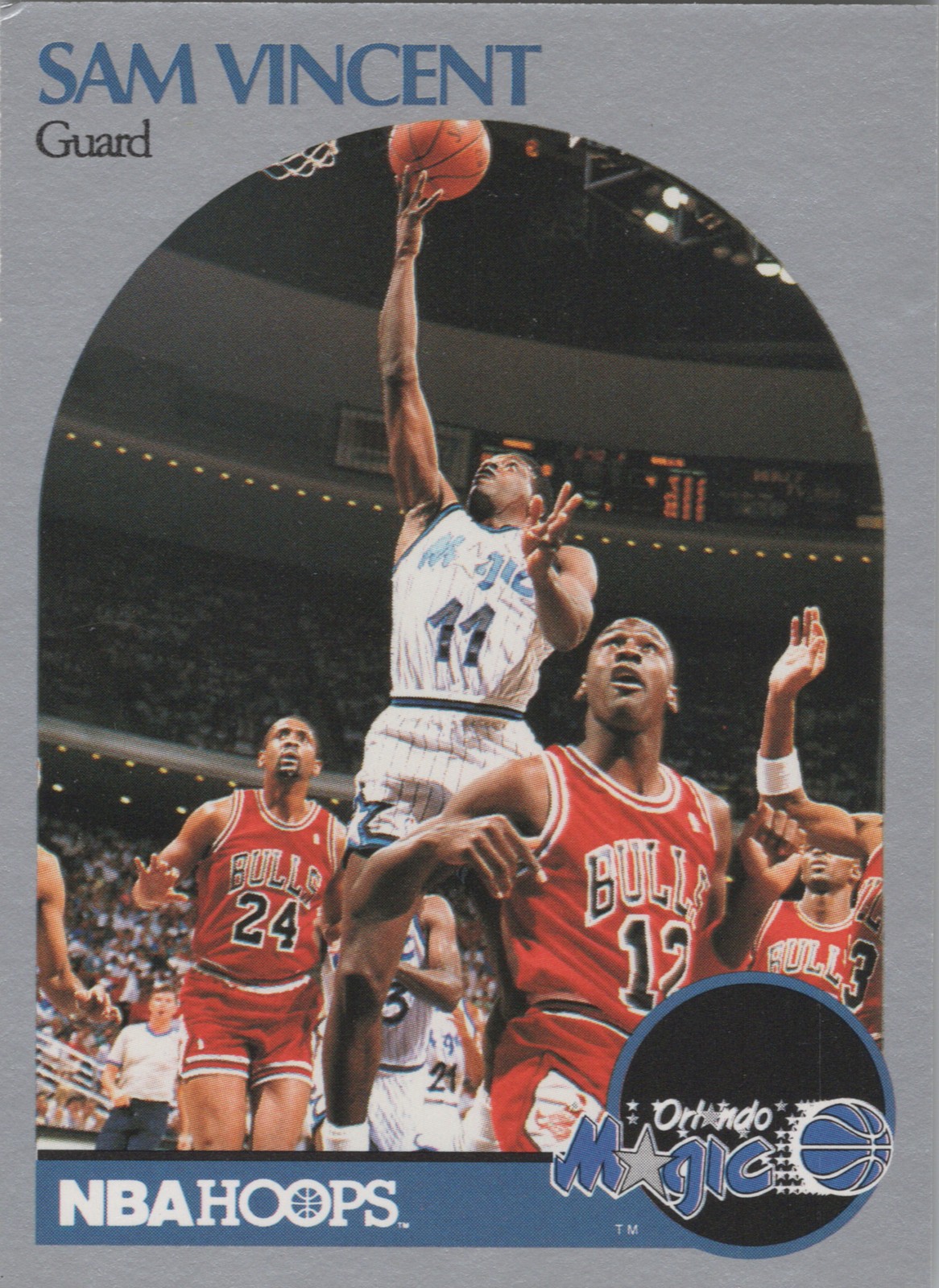 1990-91 Hoops #223a Sam Vincent Vincent laying up Michael Jordan wearing #12