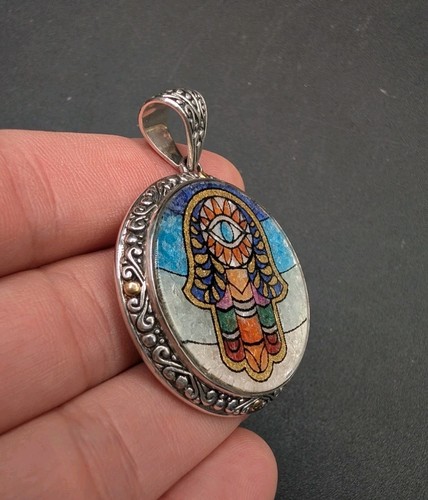 Samuel B Sterling Silver 18k Gold Bali Micro Mosaic Hamsa Evil Eye Round Pendant - Afbeelding 5 van 12