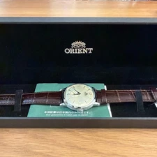 Orient Bambino 40.5mm Silver Stainless Steel Case with Brown Leather Strap Men's