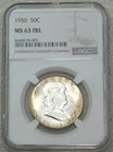 1950 P Franklin Half Dollar NGC MS63FBL Frosty Just Graded New Holder #T210A