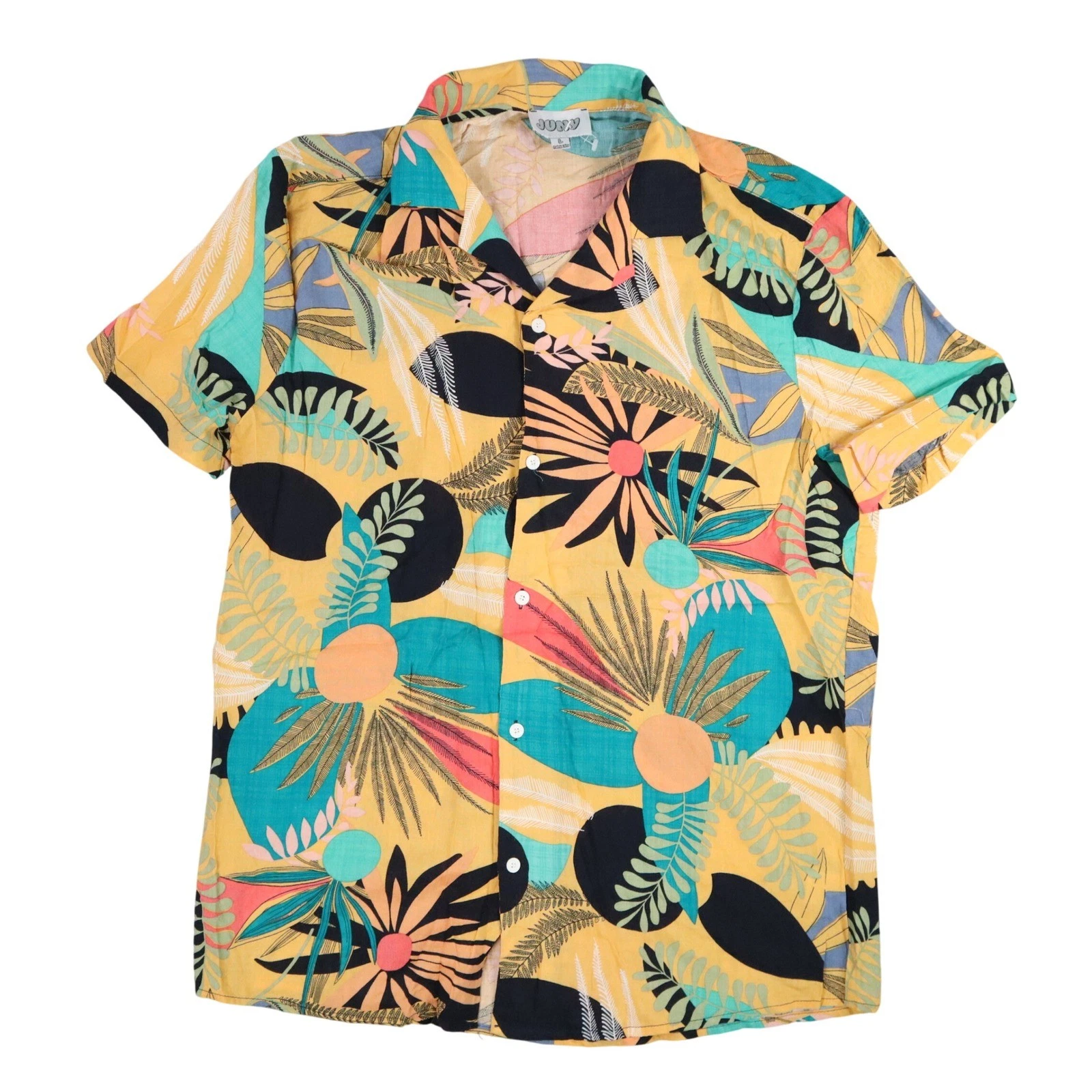 Juny Tropical Floral Button Down Shirt Mens L Yellow Leaf Print Summer Camp Era