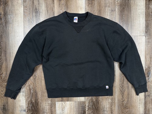 Vintage 90s Russell Athletic Sweatshirt Size Large Faded Black Crewneck V Stitch