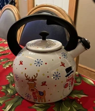 Temp-tations 2.3-qt Enamel on Steel Tea Kettle Snowman Reindeer Santa Christmas