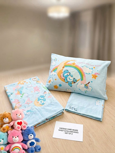 Care Bears Vintage Twin Sheet & Pillowcase Set 3pc Blue Rainbow Bedtime Bear