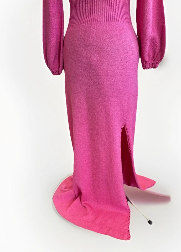 Maxi Vestido Rosa Tejido a Mano Delfín California Años 70 De Colección con Abertura Foto 3 de 4