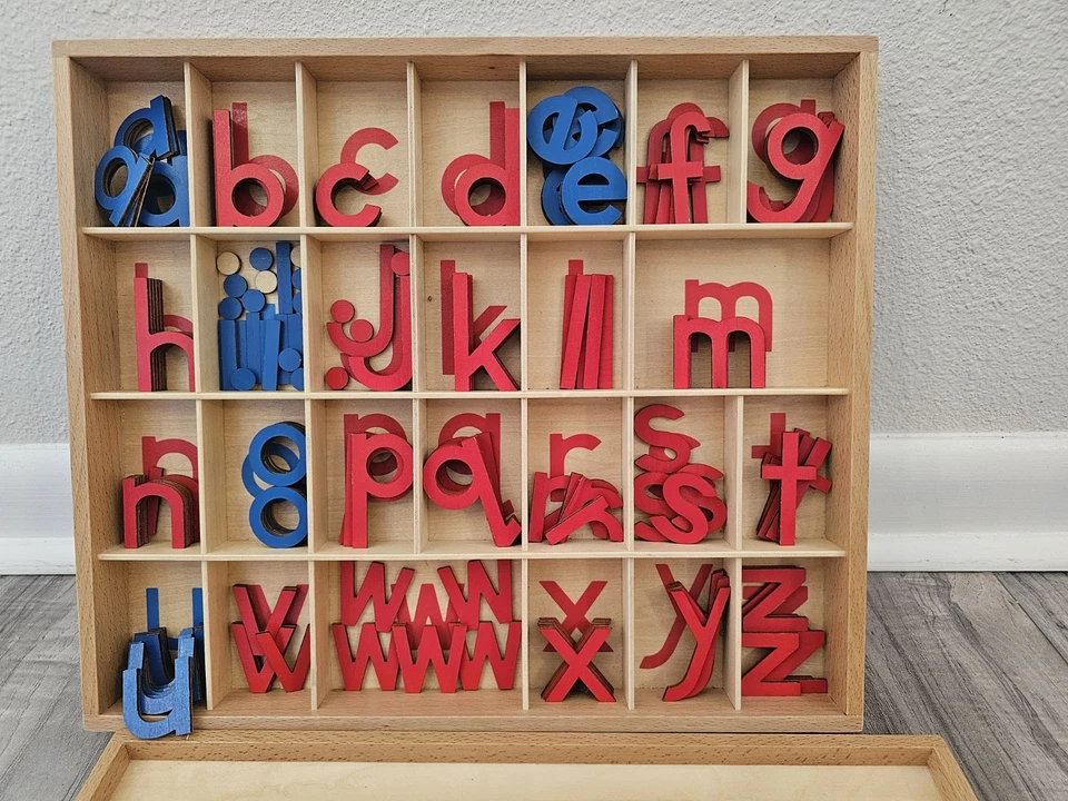 Montessori Wooden Box MOVEABLE Alphabet Red & Blue Learning Manipulables Letters - Image 4 of 4