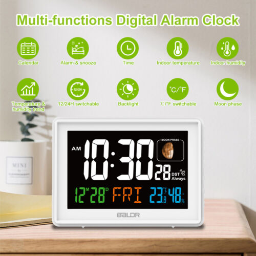 BALDR Radio Controlled Alarm Clock with Large Digit Temperature and Moon Phase - Afbeelding 1 van 36
