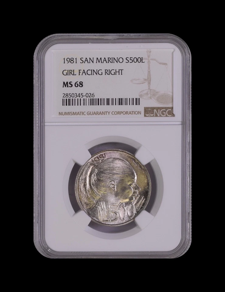 SAN MARINO. 1981, 500 Lire, Silver - NGC MS68 - Top Pop 🥇 Girl Facing 🌈 Toned - Image 2 of 4