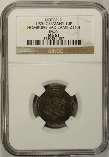 Germany 10 Pfennig 1920 NGC MS 61 UNC Iron City of Bad-Homburg Lamb-211.4