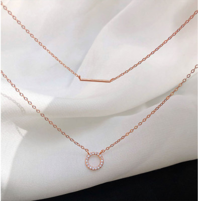925 Sterling Silver Two Layered Necklace CZ Ring Bar Pendant