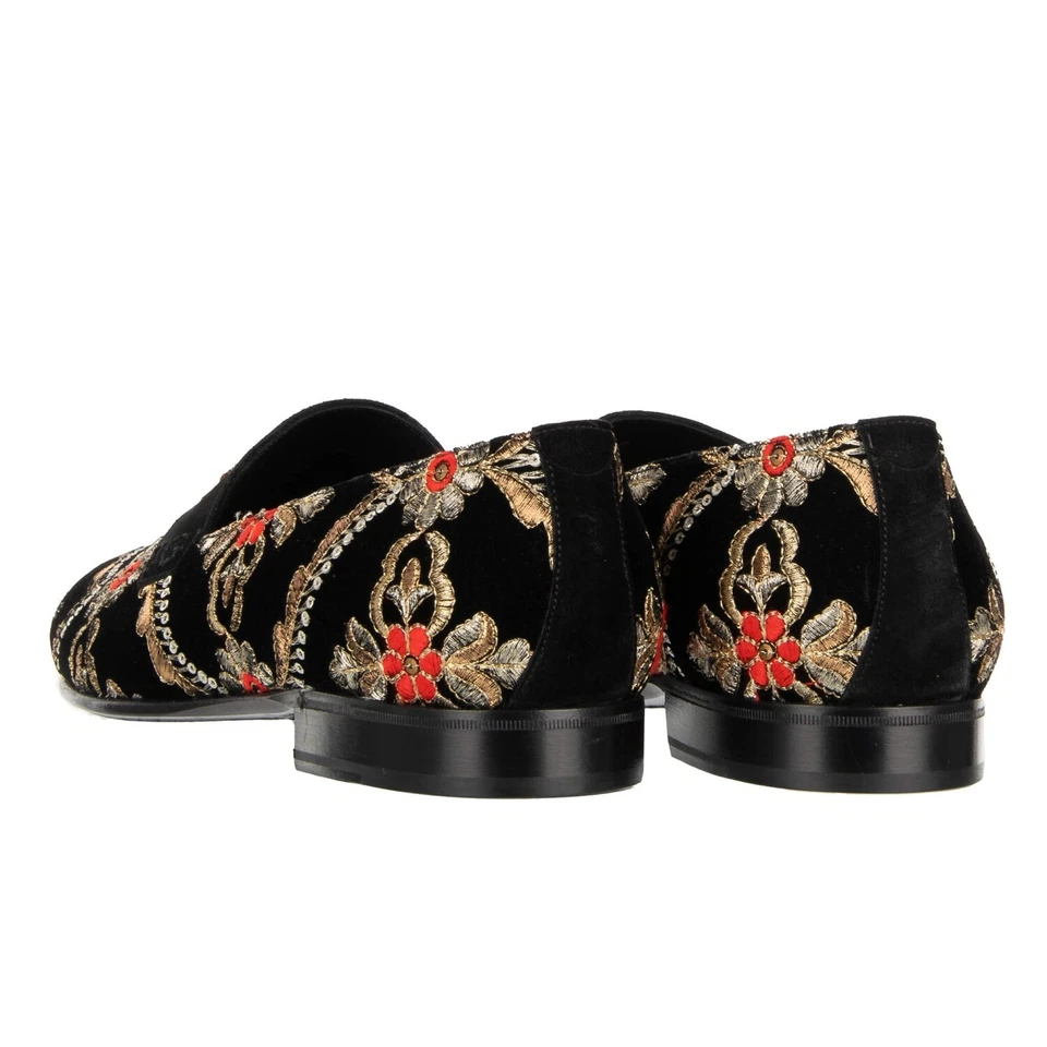 Zapatos Mocasines DOLCE & GABBANA Terciopelo Barroco VIVALDI Corona Logo Negro Dorado 12087 Foto 3 de 4