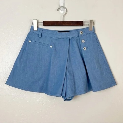 Pantalones Cortos/Skort Para Mujer Talla 2 Azul Cambray Cintura Alta Envolvidos