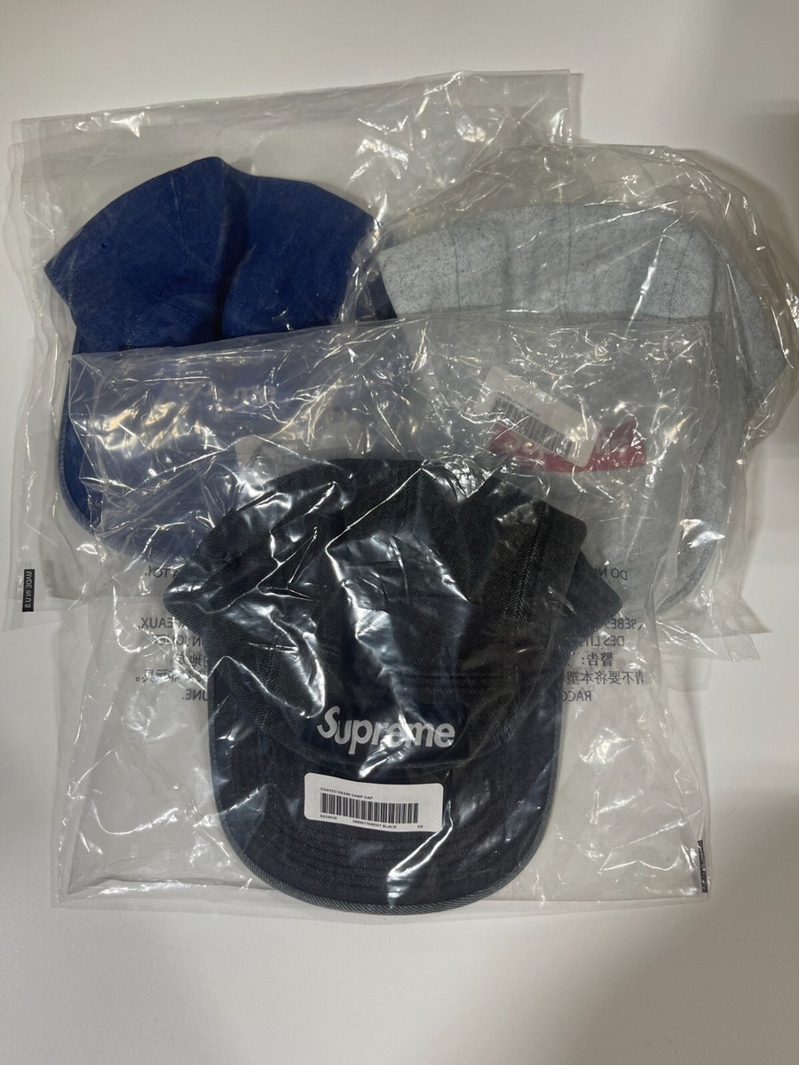 Supreme Coated Denim Camp Cap Black Royal White Sz