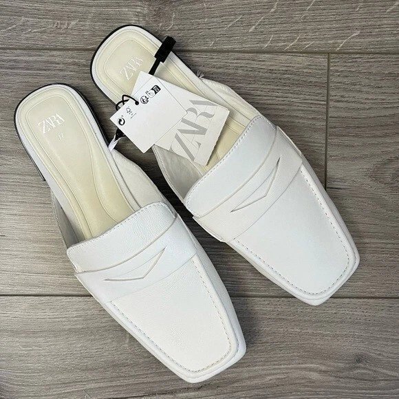 Zara Flat Leather Mules White Square Toe Size 6.5