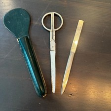 Vintage Mid Century Modern Desk Scissors Letter Opener Set w Leather Case