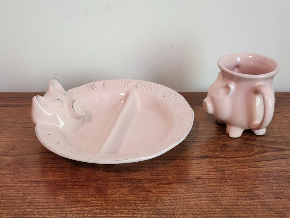 Juego de 2 piezas de vajilla y taza divididos para niños Casafina Baby Cerdo rosa Foto 3 de 4