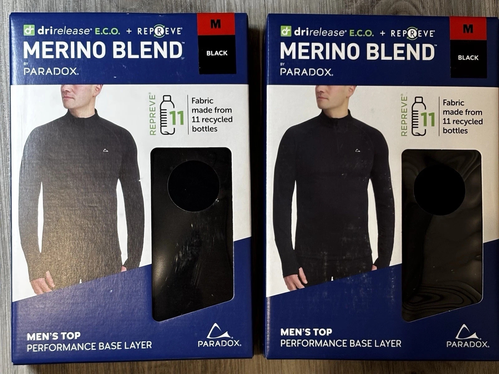 2 Packs Paradox Men's 1/4 Zip Merino Blend Performance Base Layer Top, Black, M