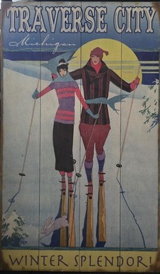 Traverse City Michigan Retro-Look Wood Skiing Sign Winter Splendor Ski 18''X30''