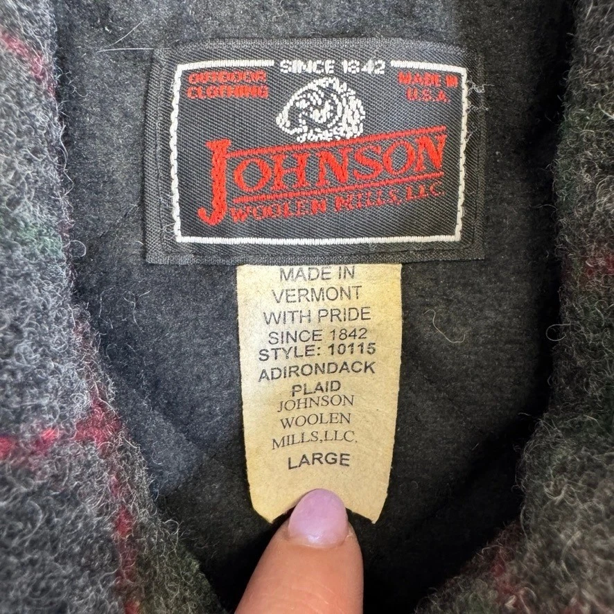 Johnson Woolen Mills Adirondack Plaid Wool Jacket Gray Red Green 10115 Large - product detail image 6