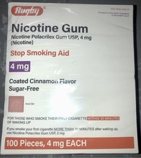 Rugby Nicotine Gum 4mg Cinnamon Sugar-Free Coated Stop Smoking Aid 100 Ct
