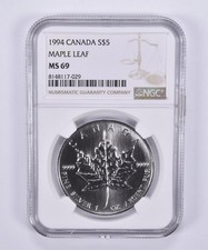 1994 Canada 5 Dollars Silver Maple Leaf MS69 NGC Brown Label *3281