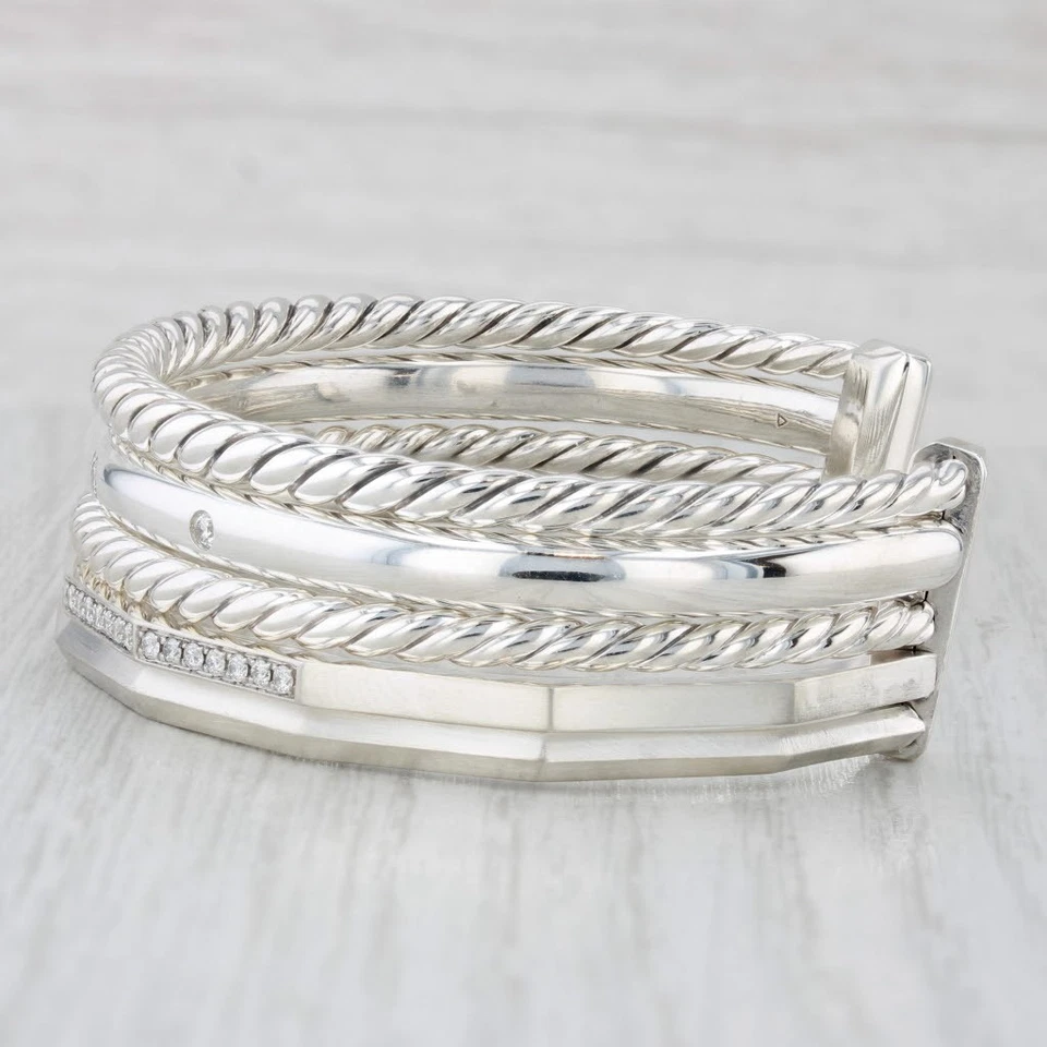 David Yurman 0.51ctw Diamond Stax 5 Row Bracelet Pouch Sterling Silver 6" - Image 2 of 4