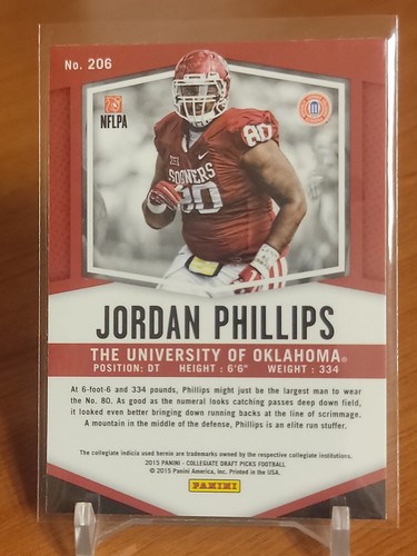 2015 Panini Prizm Collegiate Draft Picks Jordan Phillips #206 Rookie RC - Picture 2 of 2