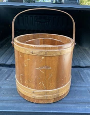 Very Large Primitive Wooden Sugar Firkin Bucket, Swing Handle With Dividers 
