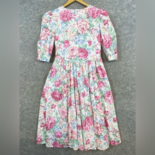 80s Vintage Handmade Floral Dress Size 10 Pink Green Cottagecore Midi Pleated - Picture 7 of 13