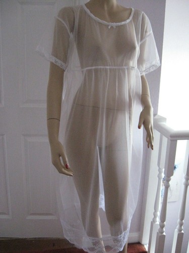 white Night Dress Nylon lace Sheer Lingerie Adult feminine Glamour negligee