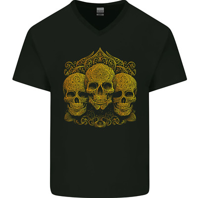 3 verzierte goldene Totenköpfe Gothic Goth Herren T-Shirt V-Ausschnitt Baumwolle