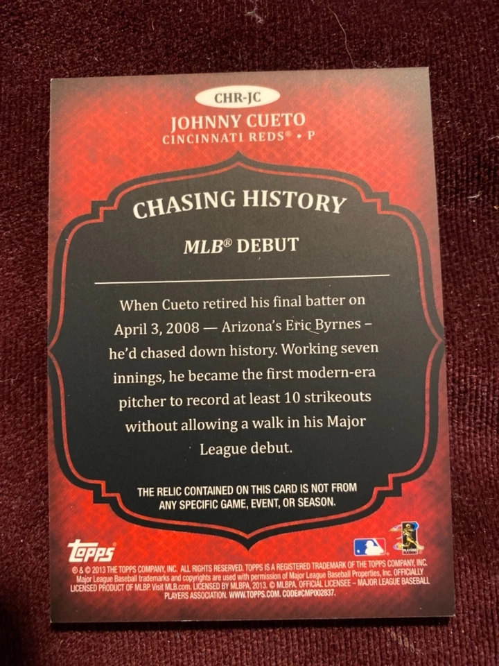 2013 Topps Chasing History Relic Reds Johnny Cueto Jersey Card #CHR-JC - Image 2 of 2
