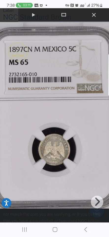 1897 CN M Culiacan, Mexico 5 Centavos NGC MS65 Silver Coin (Pop 6, 2 Higher) - Image 3 of 4