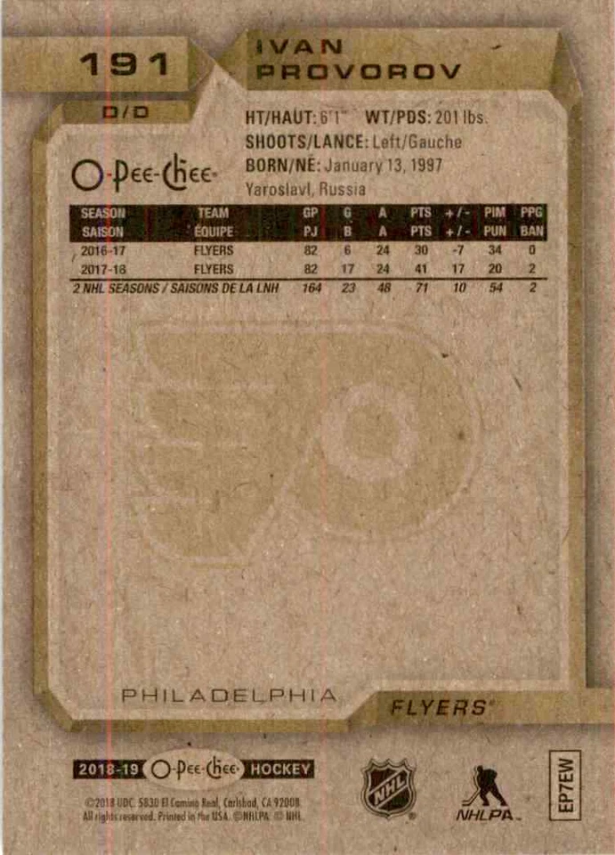 2018-19 O-Pee-Chee Ivan Provorov #191 - Image 2 of 2