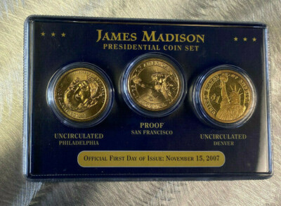 3 Coin Set All 2007 JAMES MADISON Presidential Gold Dollar $1 Mint