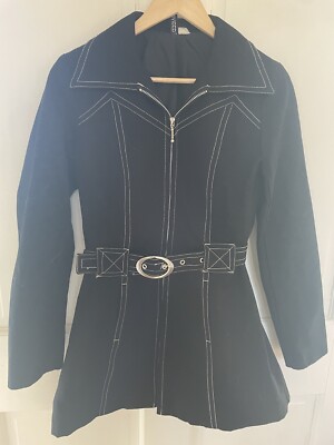 H&M Divided Black Canvas Spring Coat with White Stitching Size 6