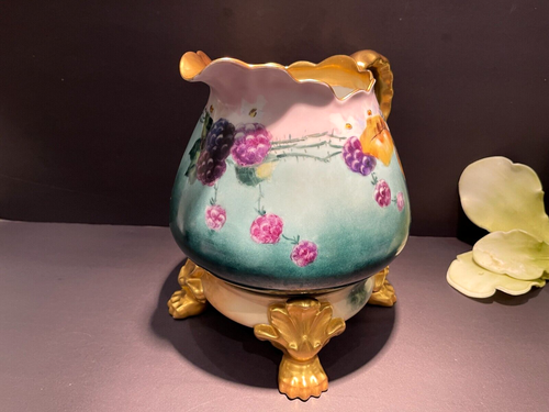 RARE AK France Limoges Hand Painted Berry Gold Gilt Pitcher & Claw-Feet Stand - Picture 12 of 23