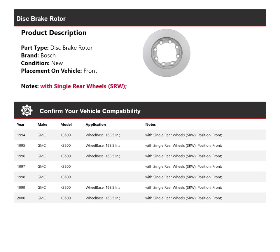 Rotor de freno de disco delantero para GMC K3500 1994-2000 Bosch QuietCast 1995 1996 1997 Foto 2 de 4