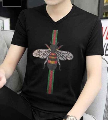 New Men Fashion V-Neck Diamond Bee Rhinestone Luxury Black T-Shirt