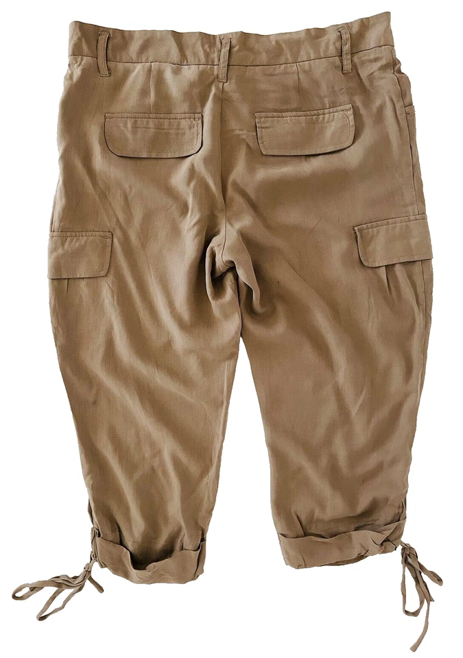 Pantalones capris de seda Catherine Malandrino para mujer talla 8 marrón puño corbata dobladillo Foto 3 de 4