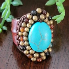 Vintage Turquoise Beaded Leather Cocktail Ring Adjustable 