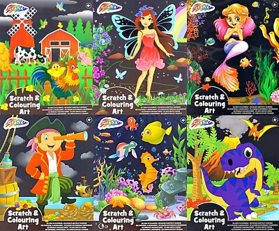 GRAFIX Kratzbuch und Malbuch A4 Kinder Scratch Book 12 Motive zum kratzen und ausmalen
