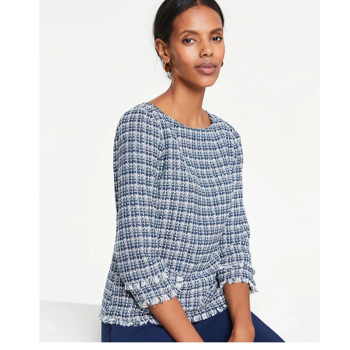 Ann Taylor Blouse Womens 8 Blue Tweed Plaid Fringe Boatneck