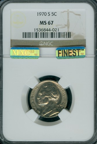 1970 S JEFFERSON NICKEL NGC MS67 PQ MAC FINEST GRADE POP 8 MAC SPOTLESS .