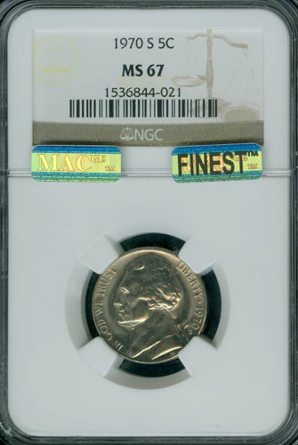 1970 S JEFFERSON NICKEL NGC MS67 PQ  MAC FINEST GRADE POP 8 MAC SPOTLESS .