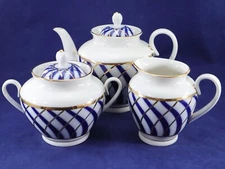 Russian Imperial Lomonosov Porcelain TODES TEA SET TEAPOT CREAM SUGAR Blue/Gold.
