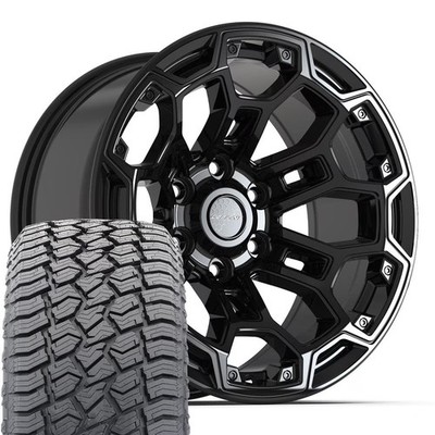 DF03 18x9 Black Defiant Wheels & 275/65R18 AT2 Tires Set Fits Silverado Tahoe