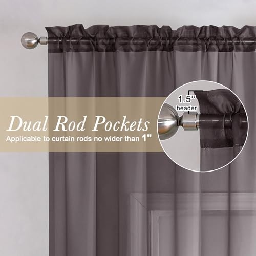 Chocolate Sheer Curtains 72 Inches Long 2 Panels, Rod Pocket Voile Light - Picture 2 of 6