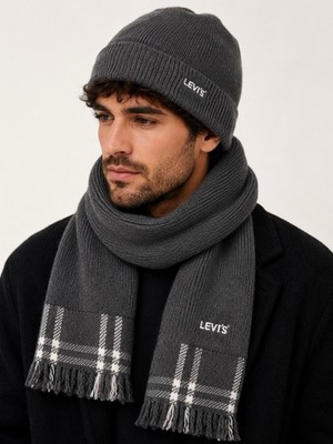 Levi's Stocking Cap and Scarf Set Gift Box Gray Knit Hat Beanie Cap NWT
