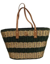 Tory Burch Lrg Woven Stripped Tote, Green Gold Boho-Chic Preppy Dbl T Logo